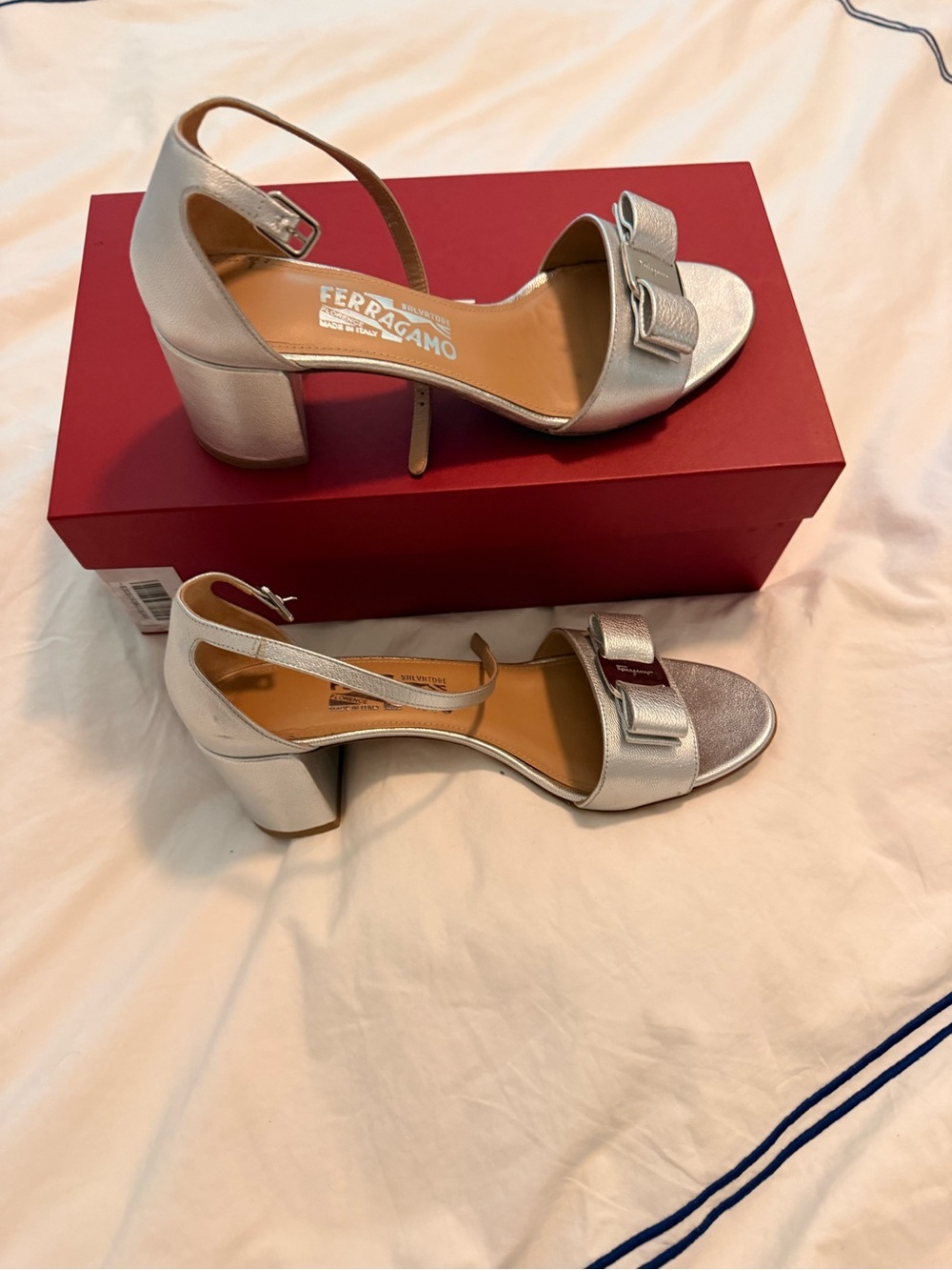 Salvatore Ferragamo Metallic Silver Bow Block Heel Sandals